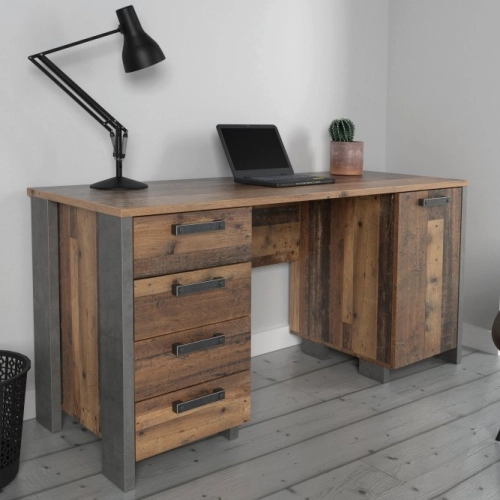 Biurko vintage loft 155 x 60 cm z 4 szufladami i szafką